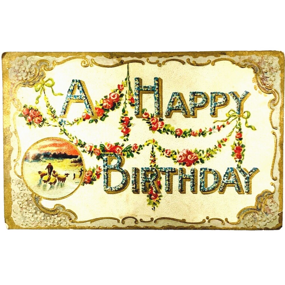 Happy Birthday Embossed Postcard Washigton 1c Stamp Sheep 1913 Duchess NY Posted